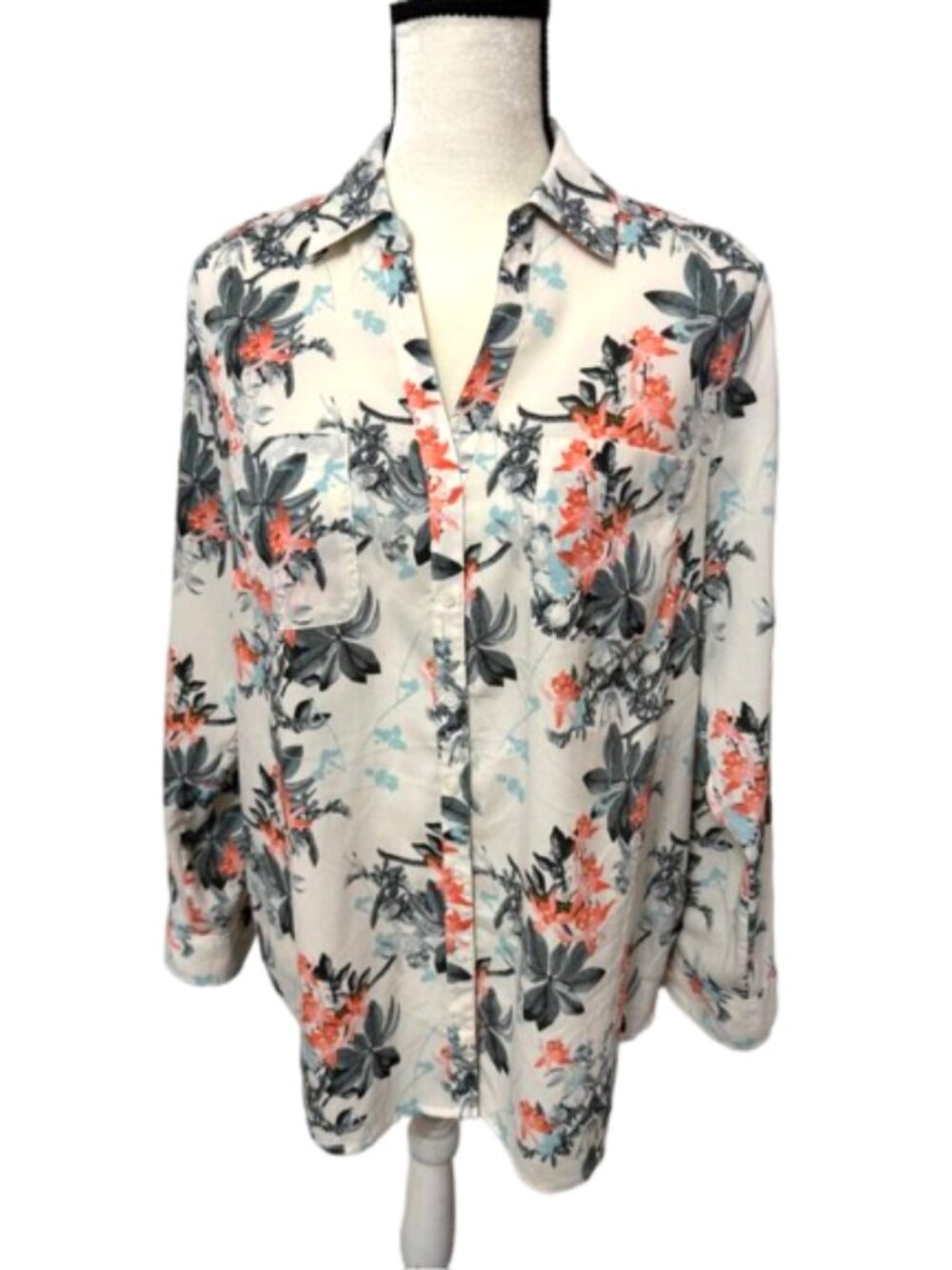 Talbots Nantucket Floral Button-Up Blouse in Coral, Teal & Gray Sz L #2537